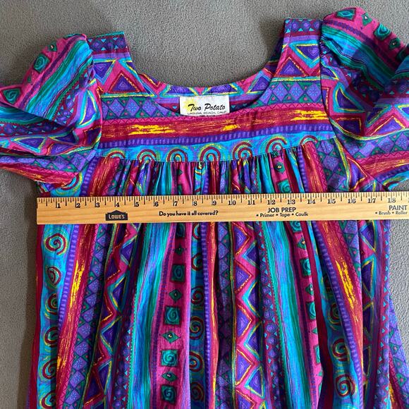 Vtg 80s 90s Two Potato Laguna Beach Artsy Midi Tiered Muumuu Dress XS Cotton NOS - Picture 11 of 16